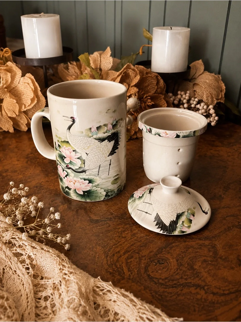 World Market Porcelain Crane & Lotus Lidded Tea Mug Cream Pink Green